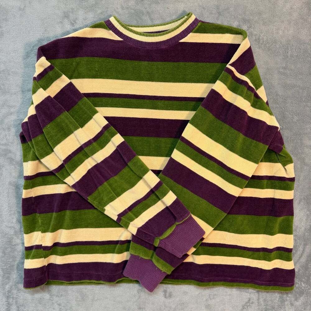 Golden Ease Striped Crew Neck Sweatshirt Size L Purple Green Beige Combed Cotton
